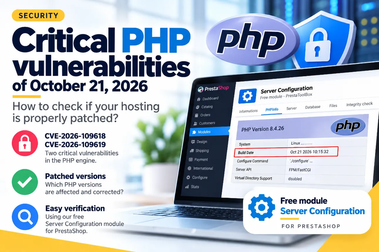 Critical PHP vulnerabilities discovered on October 21, 2026 — How to check security patches using the free PrestaShop Server Configuration module.